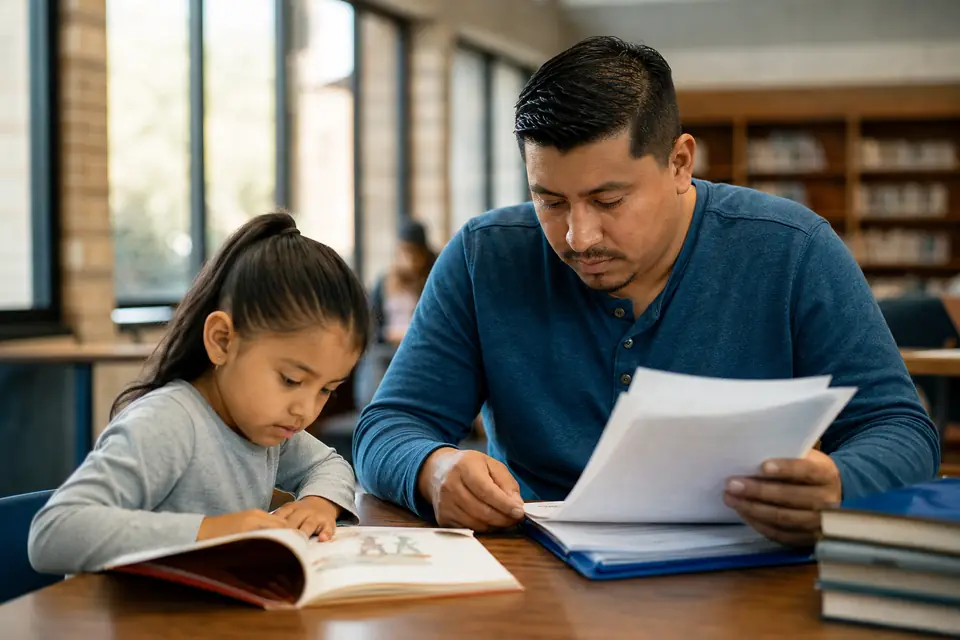 Padre latino y su hija pequeña en una biblioteca, planeando el futuro escolar