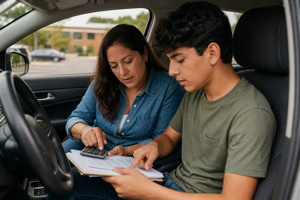 Madre y adolescente en carro estacionado revisan papeles y calculadora.