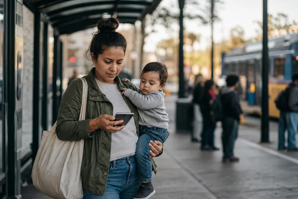 Mujer en parada de autobús programando transferencia automática en su teléfono