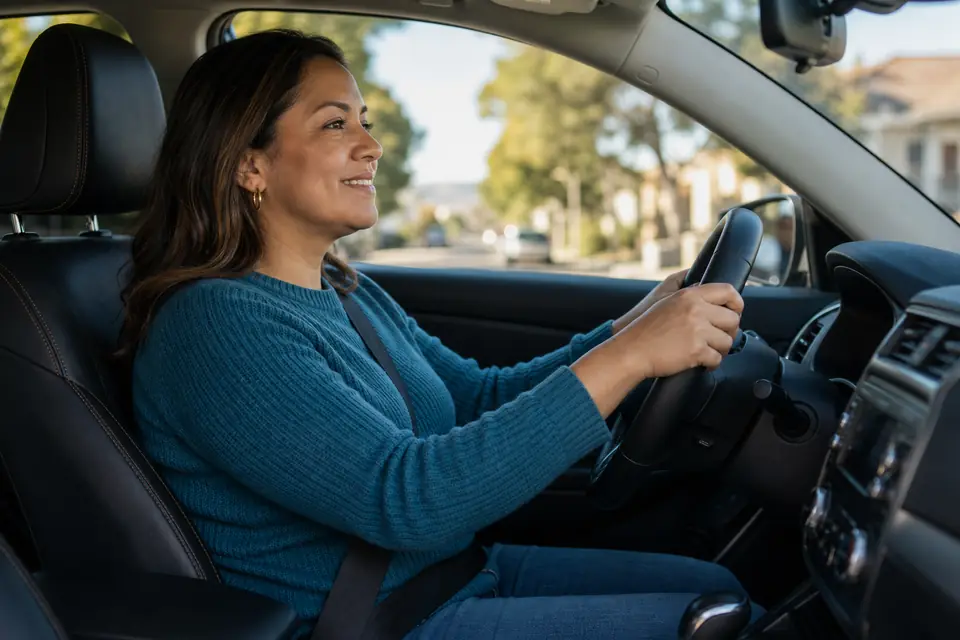 Mujer maneja su carro por una calle soleada