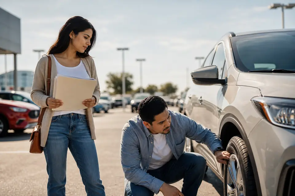 Pareja joven junto a un carro nuevo en un concesionario, pensando si comprar o arrendar