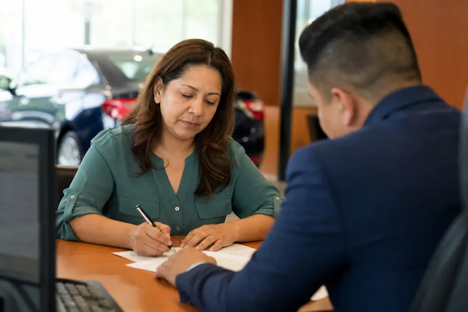 Mujer revisa con calma un contrato de financiamiento en la oficina de un concesionario