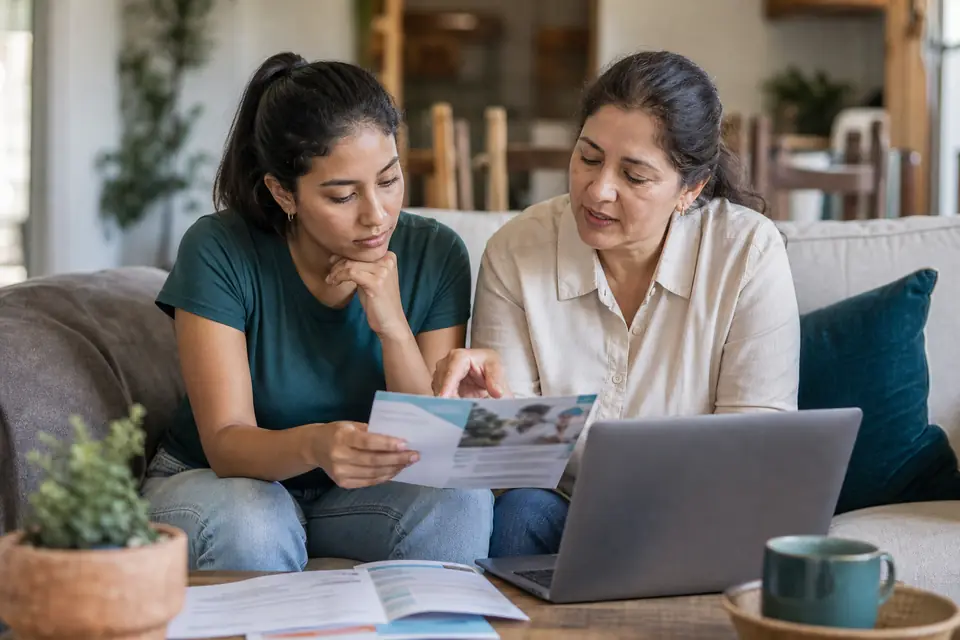 Madre e hija en sofá revisando documentos y laptop, aliviadas.