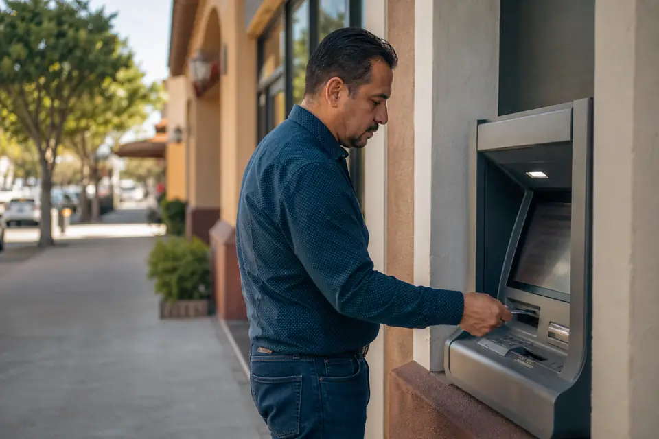 Hombre usa un cajero automático afuera de un banco de barrio