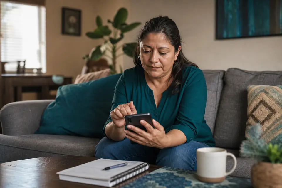Mujer compara en su teléfono el costo de enviar dinero a su familia