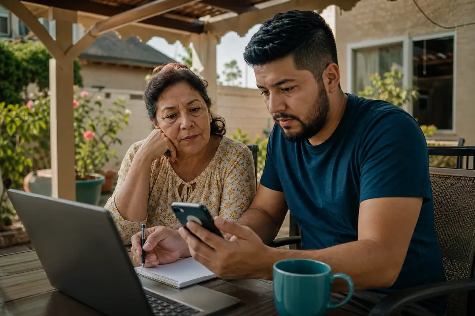 Hombre joven y su madre en jardín comparan cotizaciones en laptop y teléfono.