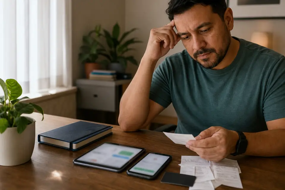 Escritorio con teléfono y tableta con aplicaciones borrosas, recibos y tarjeta.