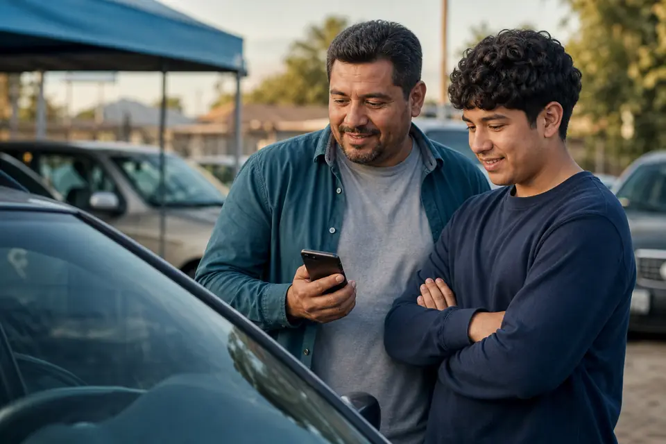 Padre e hijo miran un carro usado mientras calculan el pago mensual en el teléfono