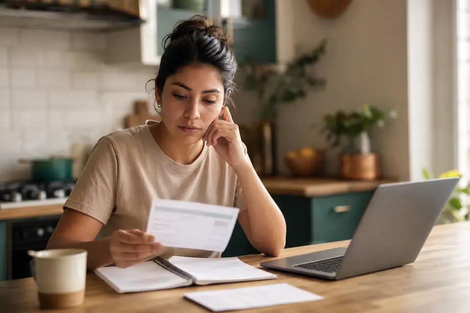 Mujer joven calcula en su cocina cuánto puede pedir prestado según su ingreso