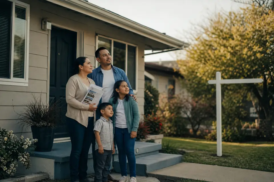 Familia frente a una casa en venta imaginando el pago de su hipoteca