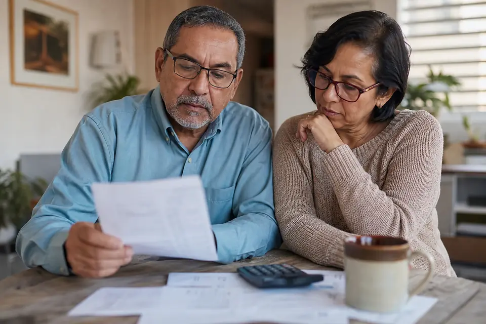 Pareja latina de mediana edad revisa documentos de retiro en la mesa del comedor.