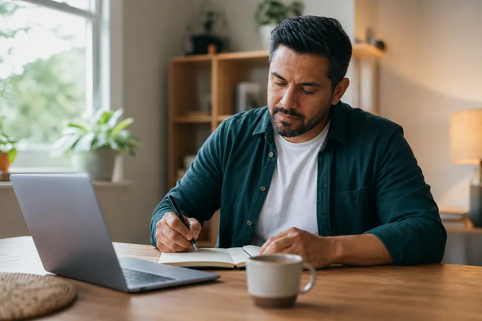 Escritorio luminoso con computadora y cuaderno junto a una ventana