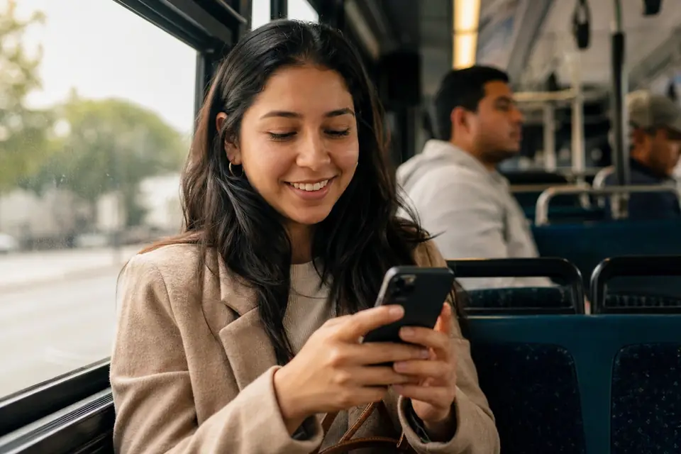 Mujer joven sonríe mirando su teléfono en el autobús camino al trabajo