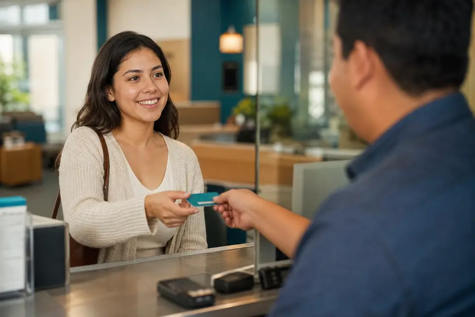 Mujer joven recibe su primera tarjeta en el mostrador de una cooperativa de crédito