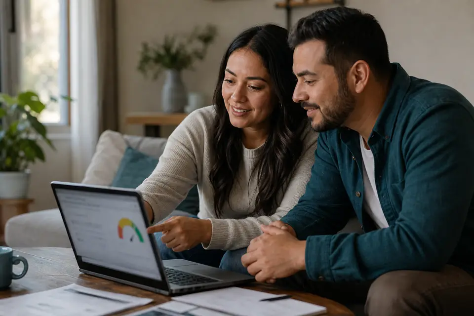 Pareja revisa su puntaje de crédito en una computadora portátil en el sofá