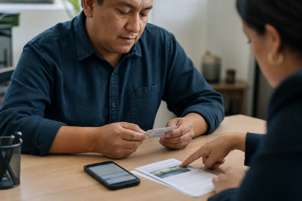 Primer plano de manos con identificación parcial, folleto borroso y celular.