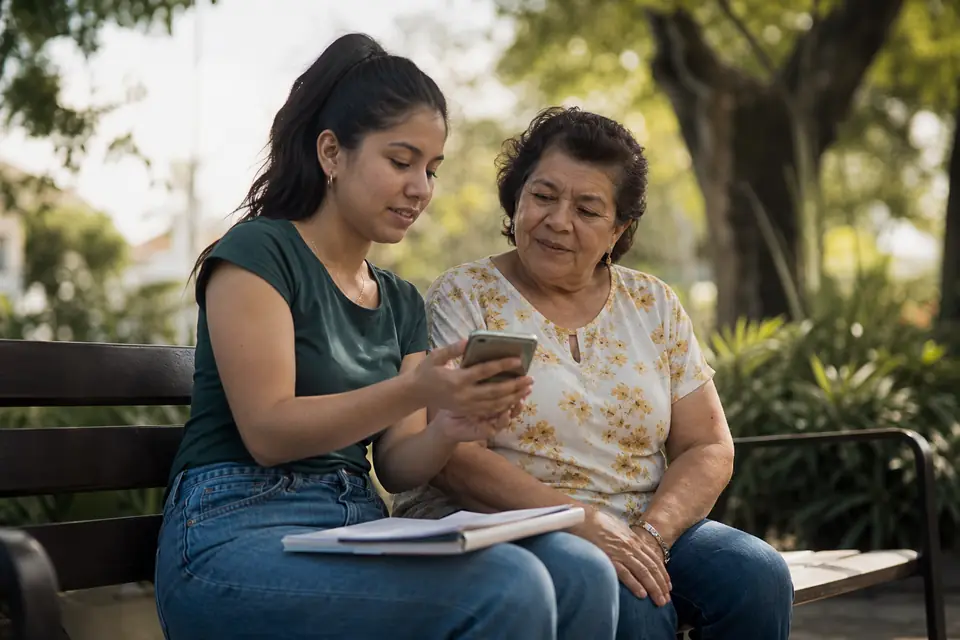 Mujer y persona mayor consultan teléfono sentados en un banco del parque.