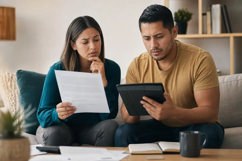 Pareja en sofá revisa formularios en blanco y sitio web sospechoso