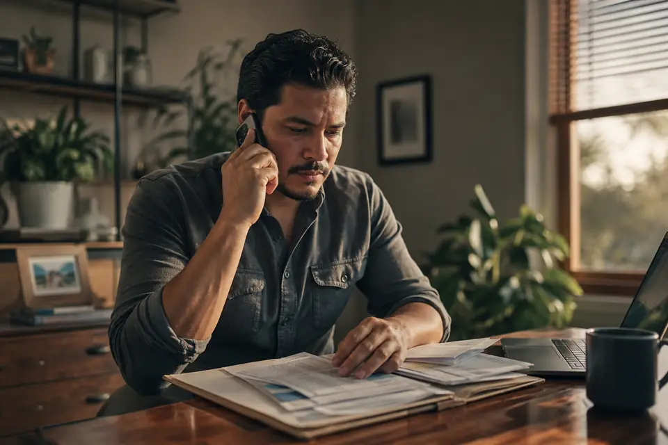 Hombre negocia por teléfono una deuda con cartas y documentos sobre el escritorio