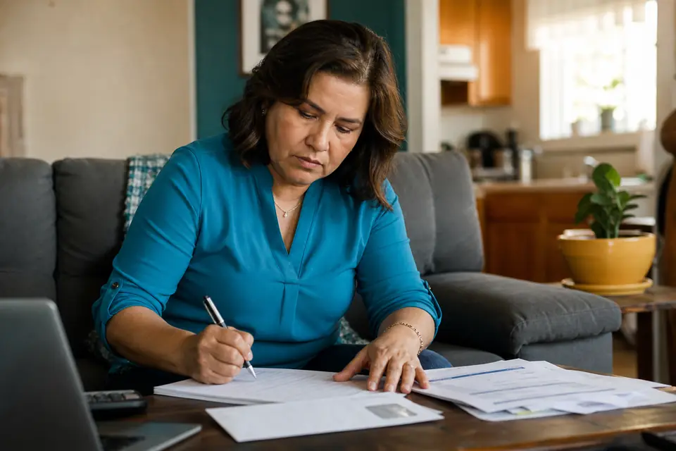 Mujer en sofá firmando carta para pedir que no la contacten.
