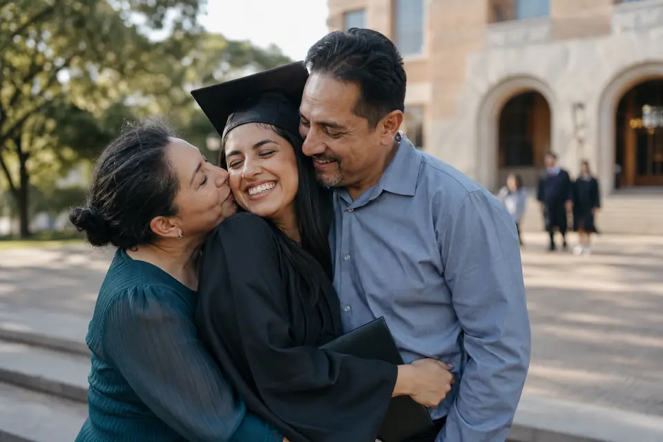 Joven graduada abraza a sus padres afuera de la universidad