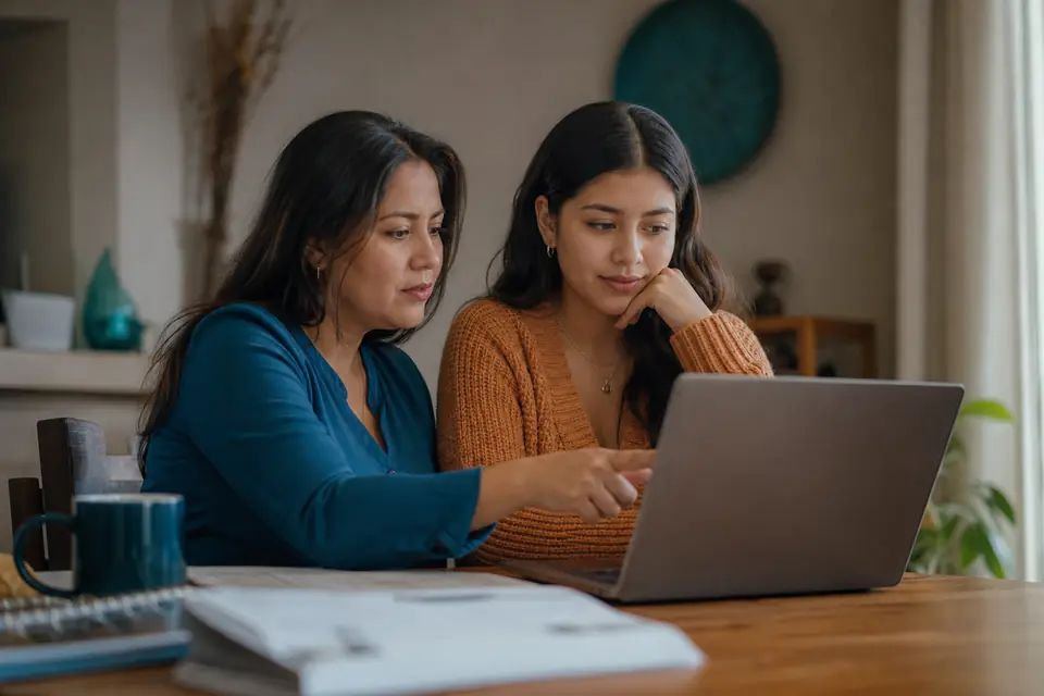 Estudiante de último año y su mamá llenan la FAFSA en la computadora