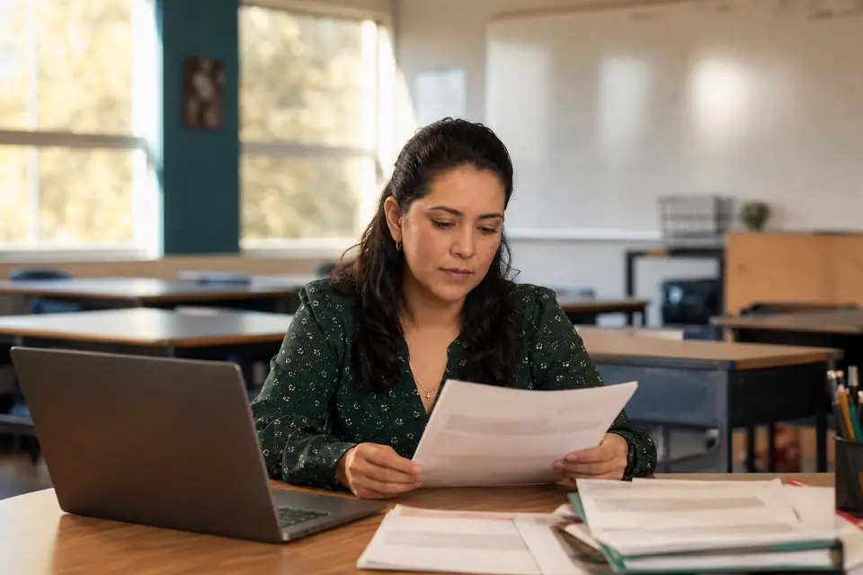 Maestra revisa sus préstamos estudiantiles en su salón de clases vacío