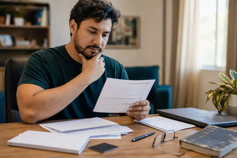 En escritorio: sobre sin abrir, gafas, catálogo universitario y papeles de préstamos.