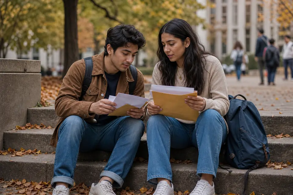 Dos estudiantes universitarios comparan ofertas de préstamos en las escaleras del campus