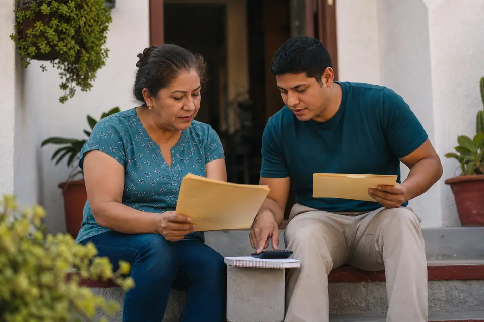 Padre y joven en escalones revisan sobres y calculadora, conversando.