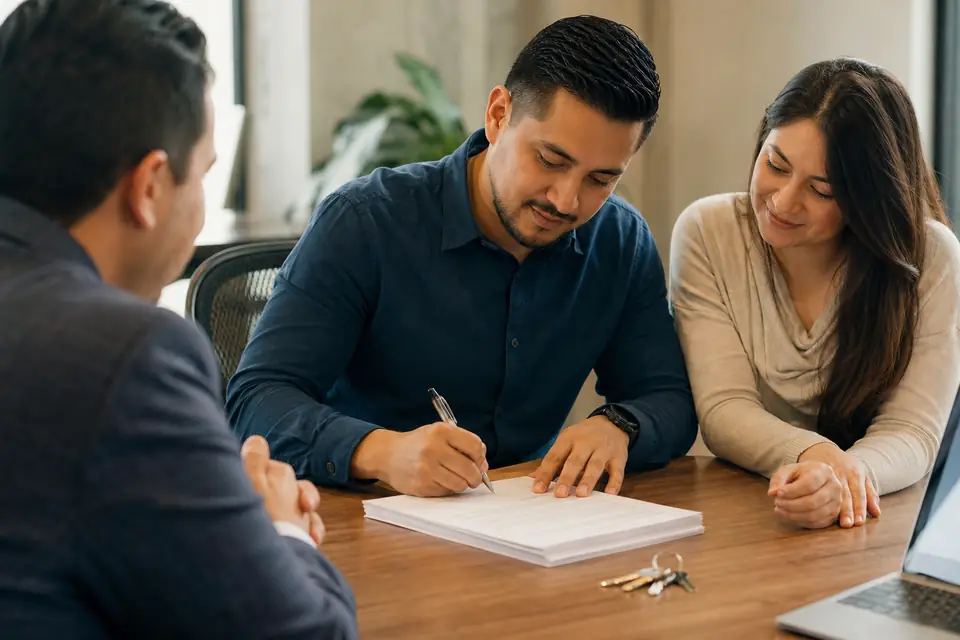 Manos firmando documentos de cierre con las llaves de la casa sobre la mesa