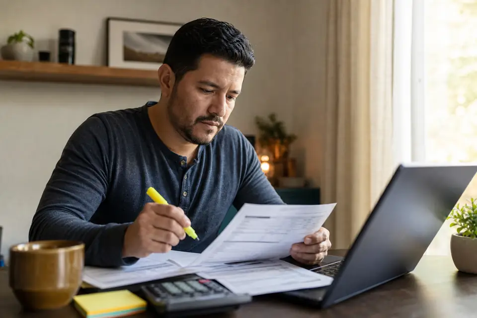 Persona revisa estimación de préstamo en escritorio con resaltador y calculadora