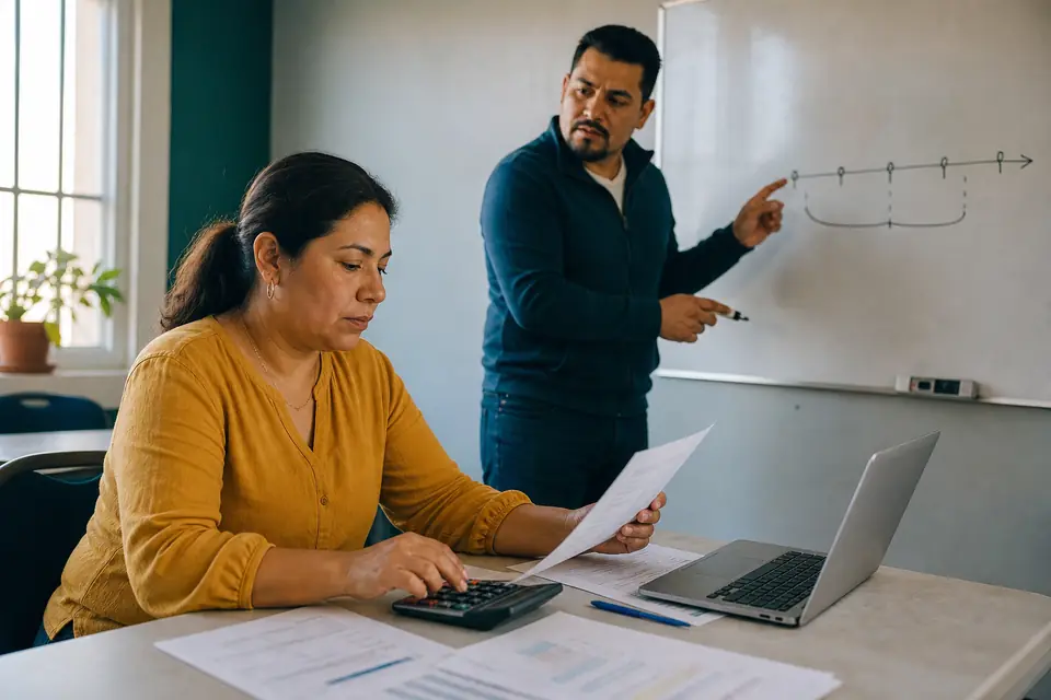 Mujer con calculadora y asesor en aula comunitaria, pizarra con línea de tiempo