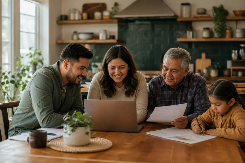 Familia de varias generaciones alrededor de la mesa de la cocina revisando sus finanzas