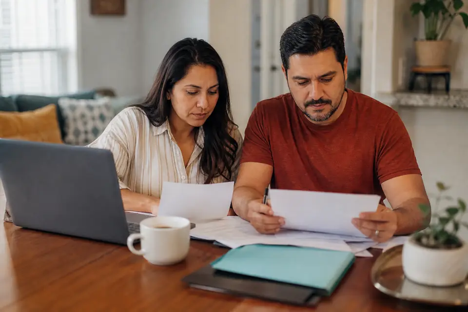 Pareja organiza sus formularios de impuestos en la mesa del comedor