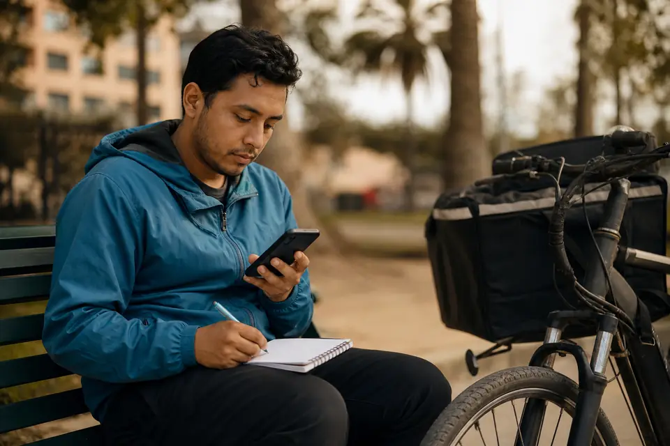 Repartidor en bicicleta anota sus millas en una libreta sentado en un parque.