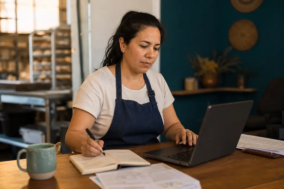 Dueña colombiana de una panadería planifica sus ahorros para el retiro en su escritorio.