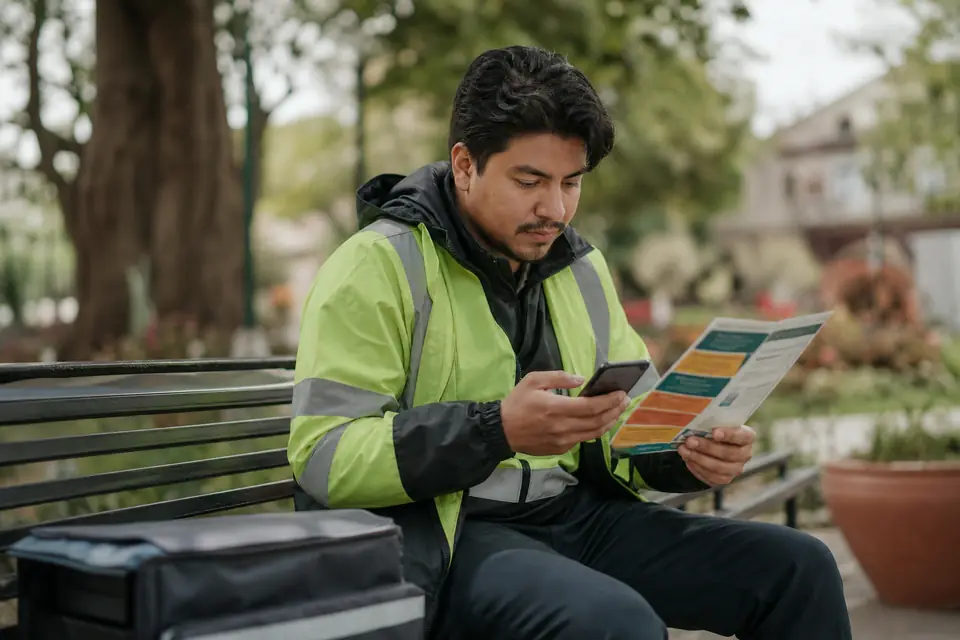 Repartidor joven en banca del parque leyendo folleto sobre ahorro para retiro