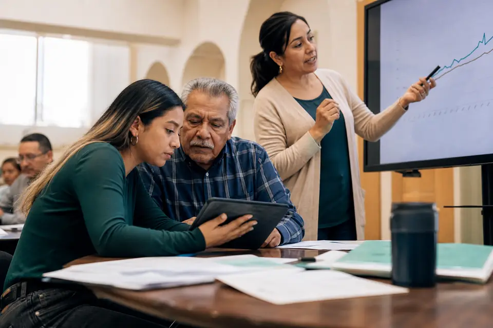 Grupo en aula comunitaria revisa tablet y proyección gráfica de ahorro