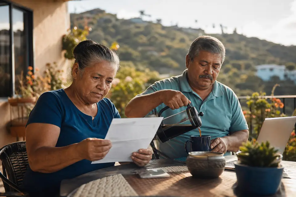 Pareja salvadoreña jubilada lee correspondencia en la terraza de su casa.
