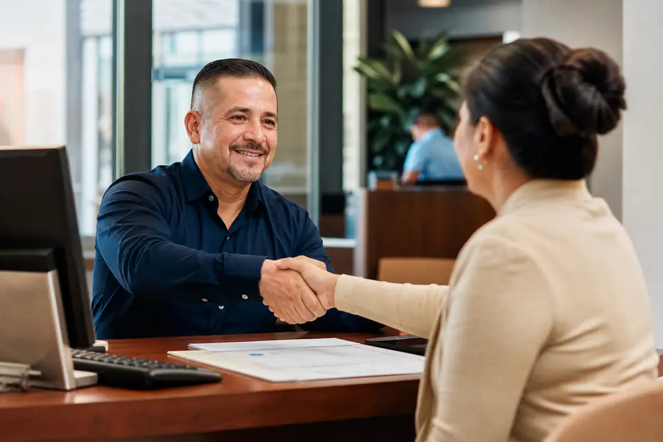 Oficial de préstamos y cliente se dan la mano en un banco comunitario