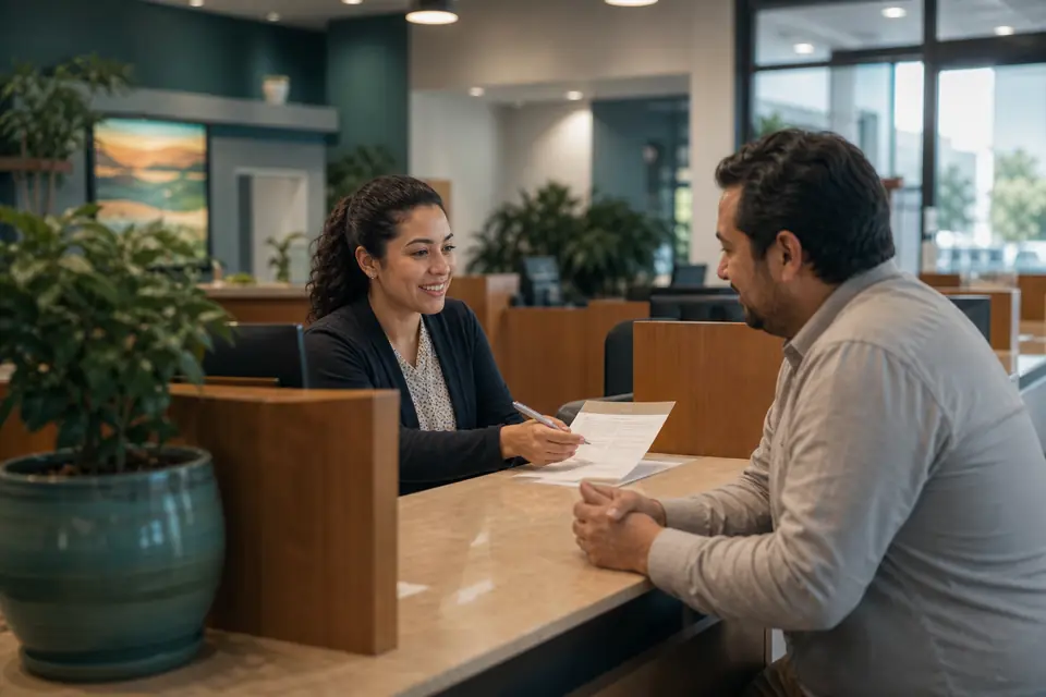 Vestíbulo de una cooperativa de crédito con una cajera atendiendo a un cliente
