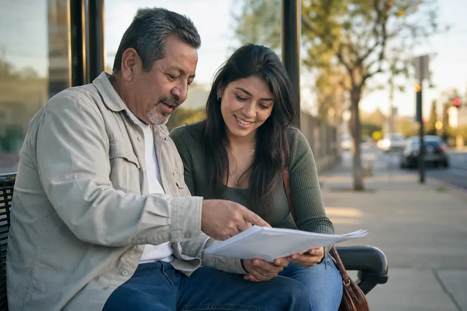 Dos personas en parada de autobús revisan documentos de préstamo sonriendo
