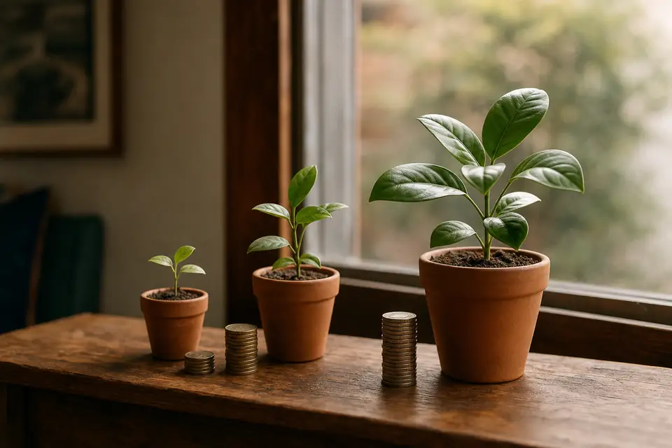 Plantas que crecen junto a monedas en una ventana, como el interés compuesto