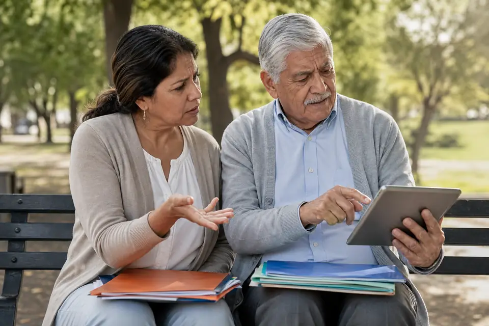 Dos personas en un banco del parque revisan carpetas y tablet, confundidas