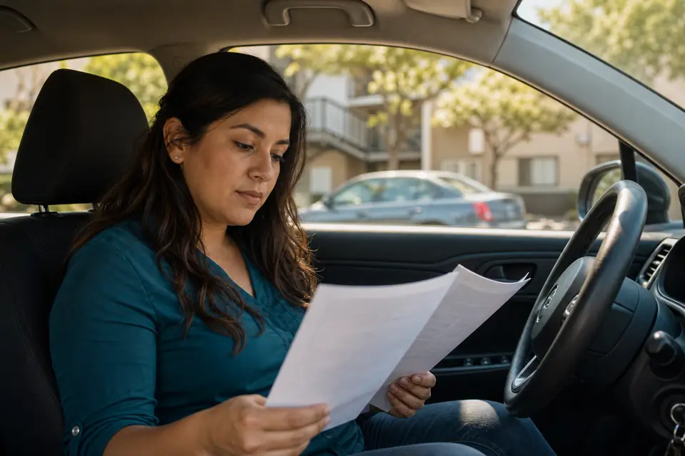 Mujer latina sentada en su carro compara dos cotizaciones de seguro de auto.