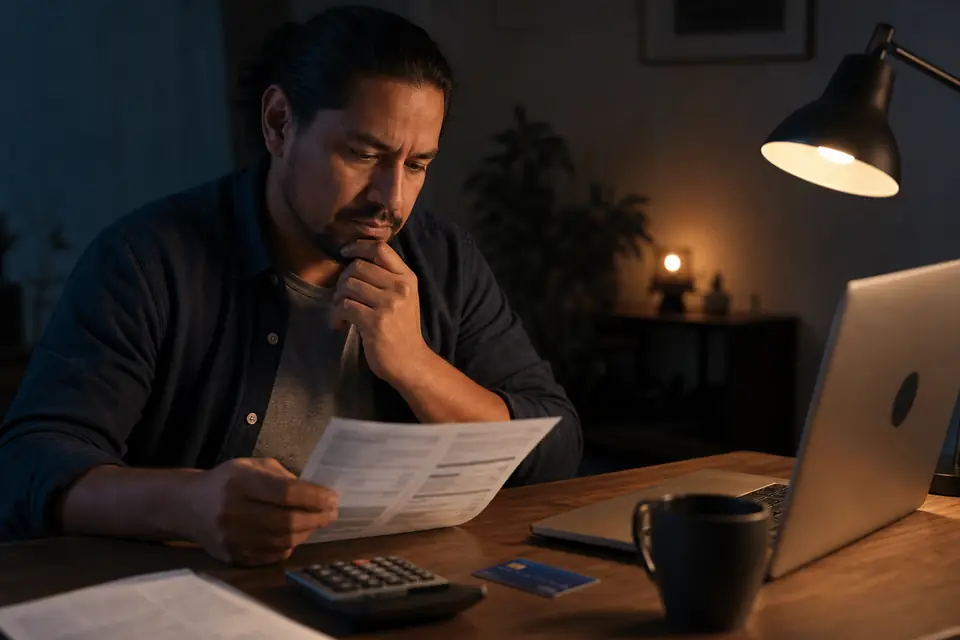 Hombre estudia el estado de cuenta de su tarjeta de crédito de noche