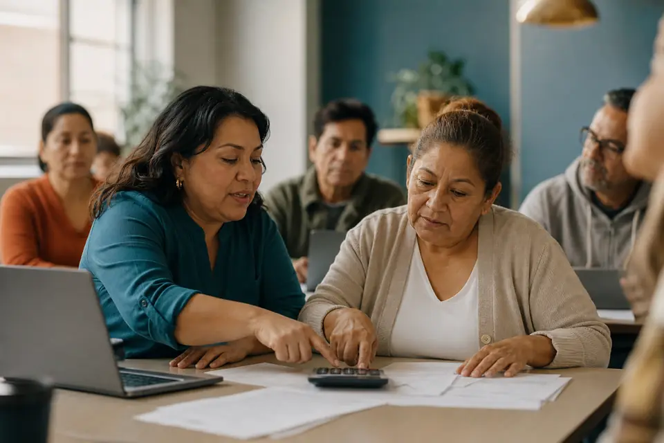 Mujer conversa con consejero financiero en aula comunitaria, otros escuchan atentamente